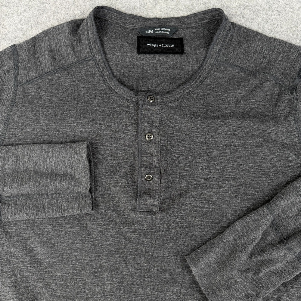Wings+Horns Henley Shirt Men's XL Extra‎ Large Gray Cotton Long Sleeve Casual